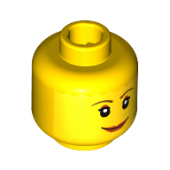 Minifig Head Mary Jane, Brown Thin Eyebrows, White Pupils and Short Eyelashes, Wide Smile with Red Lips Print Yellow