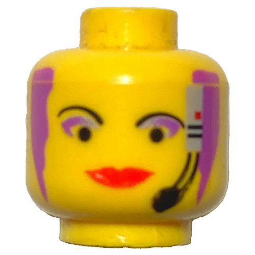 Minifig Head Radia, Red Lips, Purple Hair and Headset, Wide Lips Print Yellow