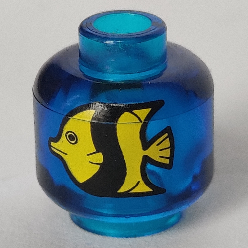 Minifigur-Kopf (ohne Gesicht), gelber und schwarzer Fisch (bedruckt) [Noppe geschlossen offen] in Transparent-Dunkelblau