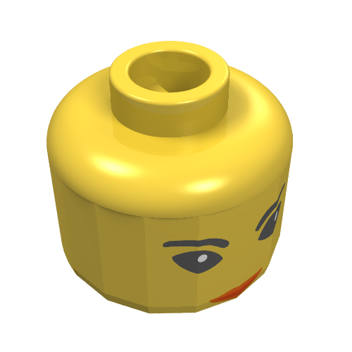 Minifig Head Jing Lee / Queen, Big Eyes, Curved Eyebrows, Orange Mouth Print Yellow