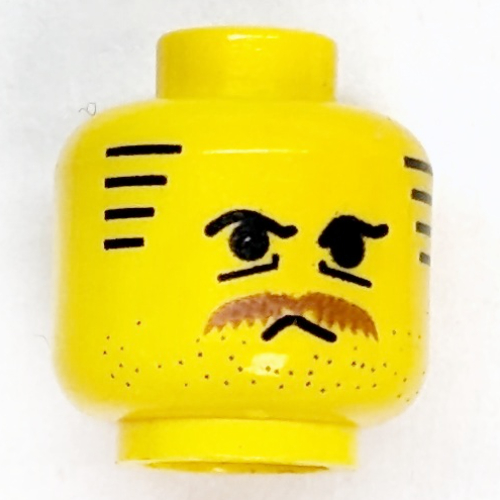Minifig Head Gabarros, Moustache Brown Bushy, Stubble, Under-Eyes Wrinkles, Stripe Sideburns Print Yellow