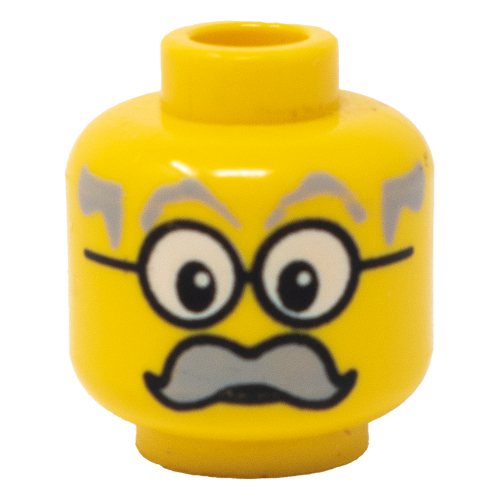 Minifig Head Infomaniac, Moustache Large Gray, Gray Eyebrows, and Large Glasses Print [Blocked Open Stud] Gelb