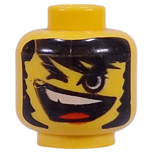 Minifig Head, Open Mouth and Teeth, Long Black Hair, One Closed Eye Print [Blocked Open Stud] Yellow