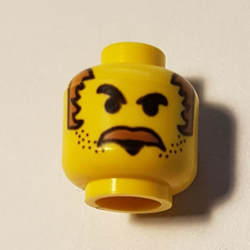 Minifig Head Mr Cunningham, Moustache Brown Bushy, Stubble, and Brown Sideburns Print Gelb