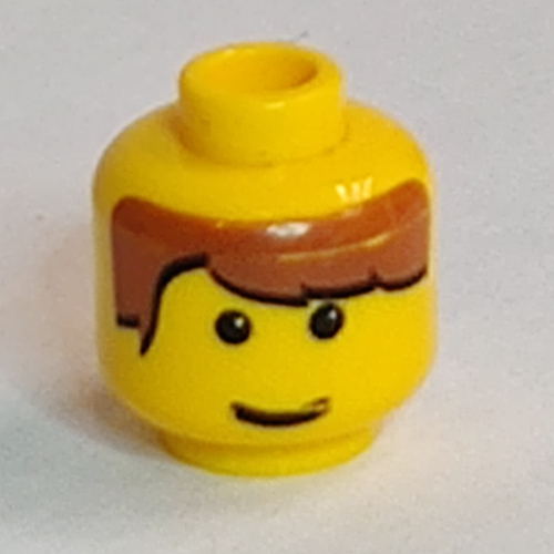 Minifig Head, Brown Bangs Parted on Right, White Pupils and Smile Print in 