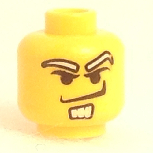 Minifig Head, White Eyebrows and Goatee, Angry Smirk Print Gelb