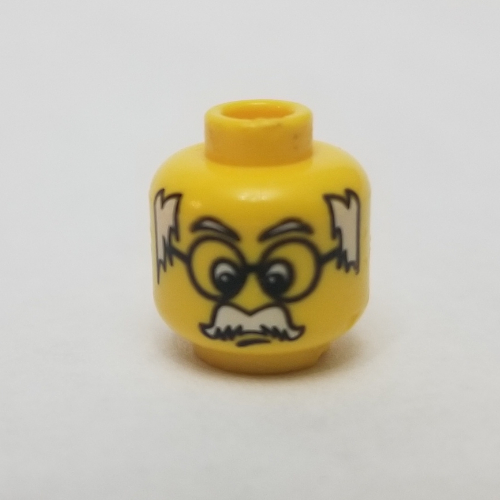 Minifig Head Infomaniac, Moustache White Hair on Sides, and Large Glasses Print Gelb