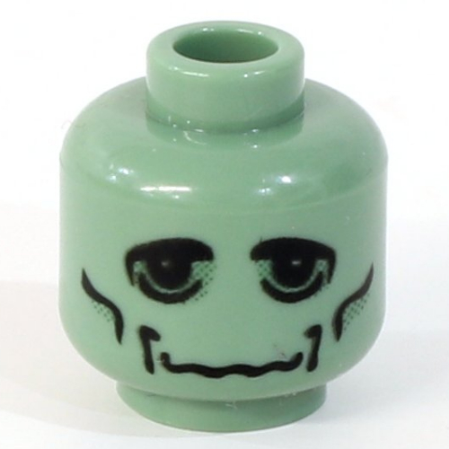 Minifig Head Frankenstein's Monster, Large Black Eyes, Cheek Lines, Wavy Mouth Print [Blocked Open Stud] Sandgrün