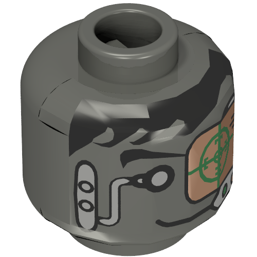 Minifig Head Insectoid, Black Hair, Headset, Green and Copper Eye Grid Print Dunkelgrau