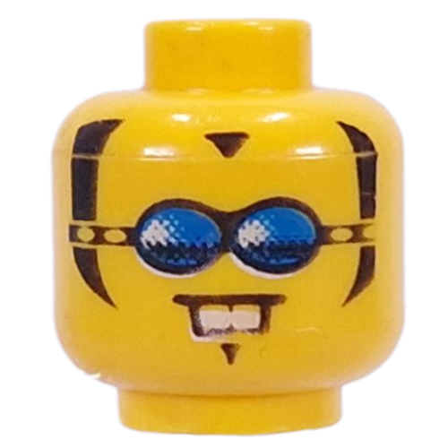Minifig Head, Blue Glasses, 2 White Teeth and Sideburns Print [Blocked Open Stud] Yellow