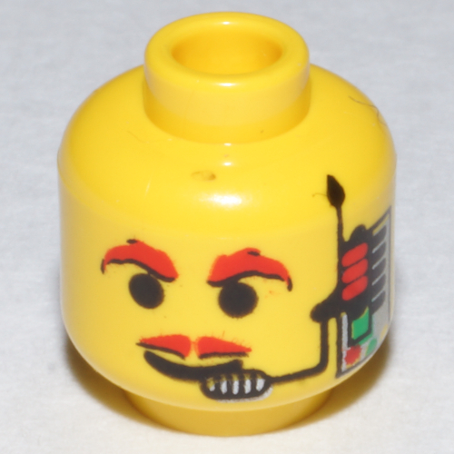 Minifig Head Aquaraider, Moustache Red, Headset, Red Eyebrows Print [Blocked Open Stud] Yellow