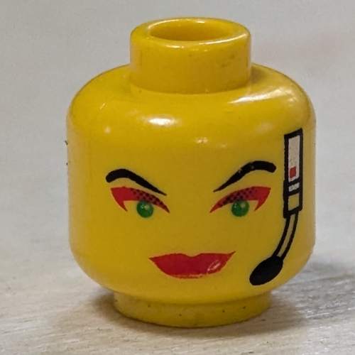 Minifig Head Cam, Red Lips, Green Eyes, Red Eye Shadow, Headset Print Yellow