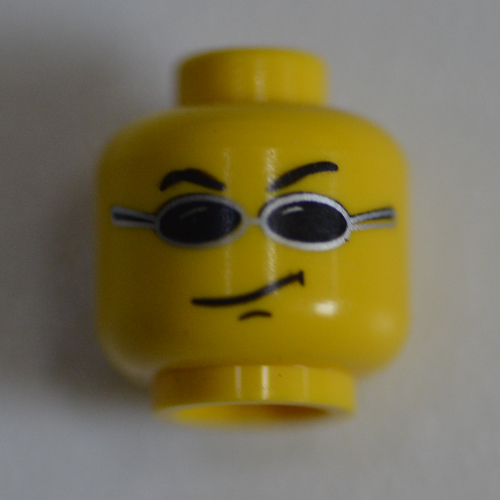 Minifig Head Snap Lockitt, Glasses with Small Black Sunglasses, Smirk Print [Blocked Open Stud] Gelb