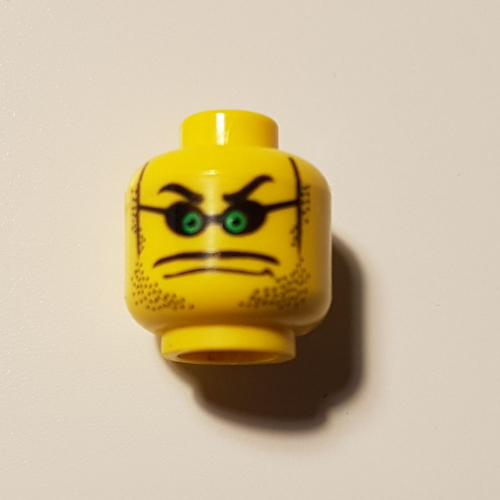 Minifig Head Henchman, Glasses Small with Green Eyes, Stubble, Thin Wide Moustache over Mouth Line Print [Blocked Open Stud] Gelb
