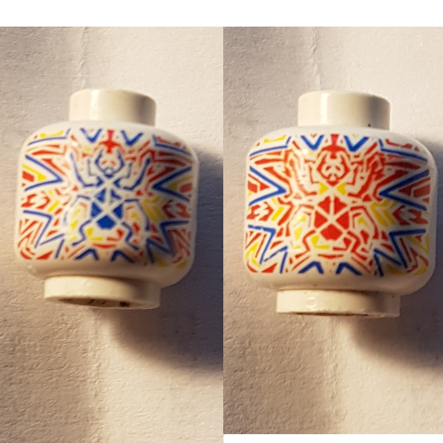Minifig Head (No Face), Alpha Team Arctic Red, Blue, Yellow Ogel Orb Print [Blocked Open Stud] White