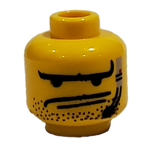 Minifig Head Crunch, Long Eyebrows, 2 Lines Mouth, Stubble and Headset Print Yellow
