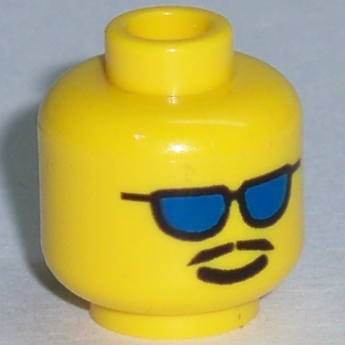Minifig Head, Blue Sunglasses and Moustache Print [Blocked Open Stud] Yellow