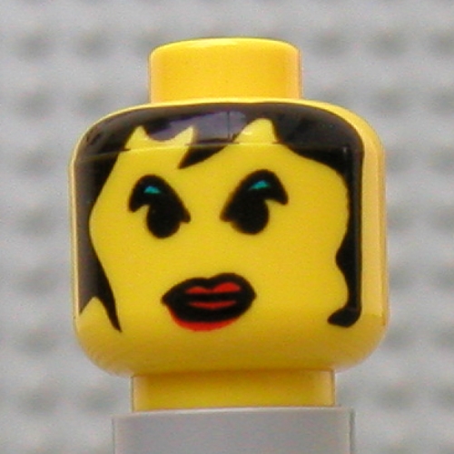 Minifig Head Alexis Sanister, Red Lips Large, Green Eyebrows, and Long Hair Print Gelb