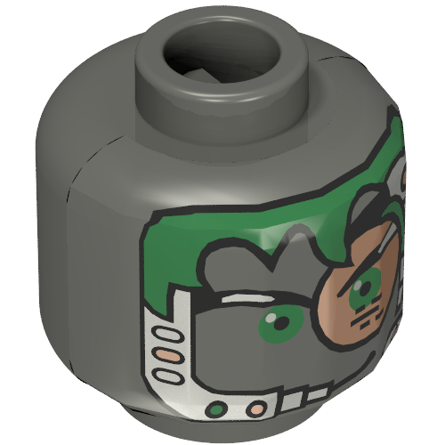 Minifig Head Insectoid, Green Hair, Copper Eyepiece and Headset Print [Blocked Open Stud] Dunkelgrau