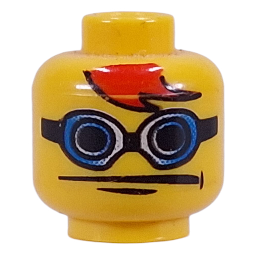 Minifig Head, Glasses with Blue Goggles, Red Bangs Print [Blocked Open Stud] Gelb