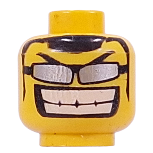 Minifig Head, Glasses with Thin Silver Sunglasses, Big Grin Print [Blocked Open Stud] Gelb