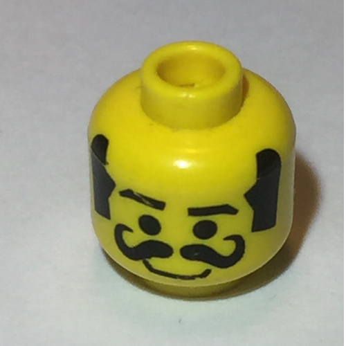 Minifig Head, Moustache Curly Thick, Thick Sideburns, Smile Print [Blocked Open Stud] Yellow
