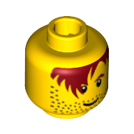 Minifig Head Aquaraider / Soccer Player, Male Red-Brown Hair over Eye, One Eyebrow, Stubble, White Pupils Print [Blocked Open Stud] Gelb