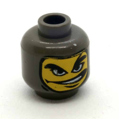 Minifig Head, Balaclava with Yellow Face, Right Eyebrow Arched, Mouth Open to Side Print [Blocked Open Stud] Dunkelgrau