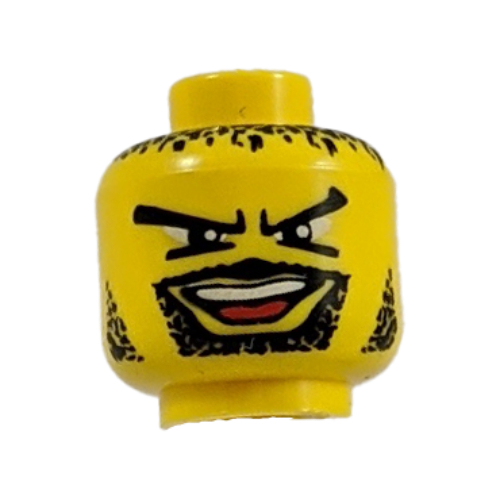 Minifig Head Basketball Player, Moustache Open Mouth, Goatee, V Brow Eyes, Black Hair, Stubble Print Yellow