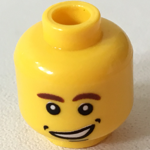 Minifig Head Rascus / Hockey Player, Brown Eyebrows [Left Curved Down], Open Side Smile with Dimples Print [Blocked Open Stud] Gelb