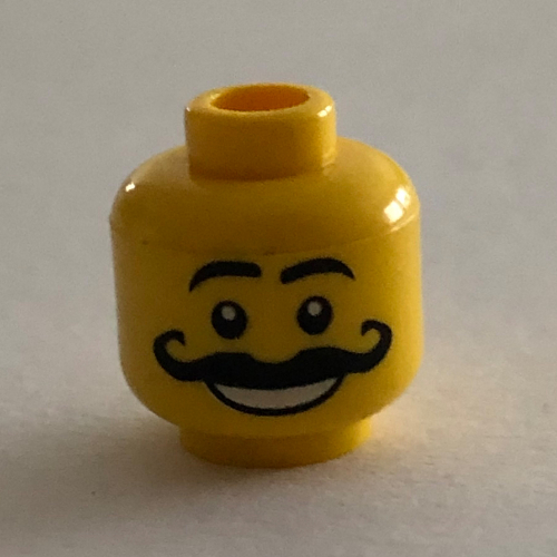 Minifig Head, Moustache Curly Long Thick, White Grin, Raised Eyebrows Print [Blocked Open Stud] Yellow