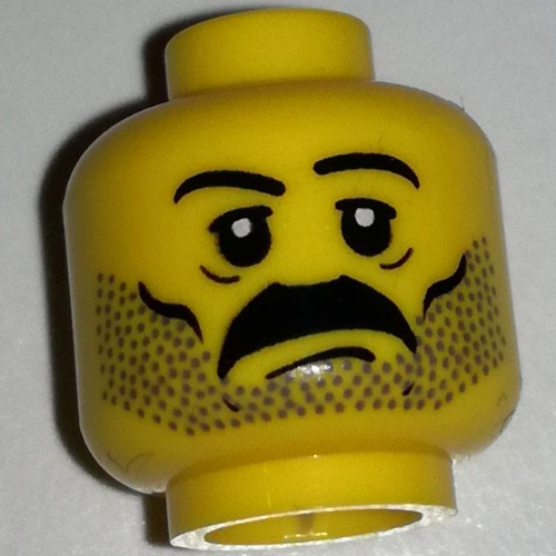 Minifig Head, Moustache and Stubble Print, White Pupils, Eyebrows [Blocked Open Stud] Gelb