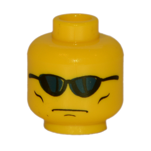 Minifig Head, Blue Sunglasses, Grim Face with Cheek Lines Print Gelb