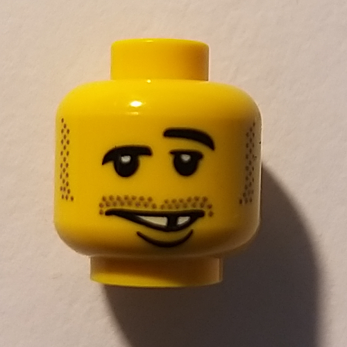 Minifig Head, Moustache Raised Eyebrow, White Teeth with Missing Tooth and Lower Lip Print [Blocked Open Stud] Yellow