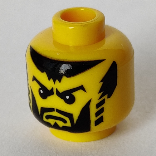 Minifig Head King / Shadow Knight, Beard with Trimmed Chin, Full Cheeks, Striped Sideburns, Scowl Eyebrows, White Pupils Print [Blocked Open Stud] Gelb