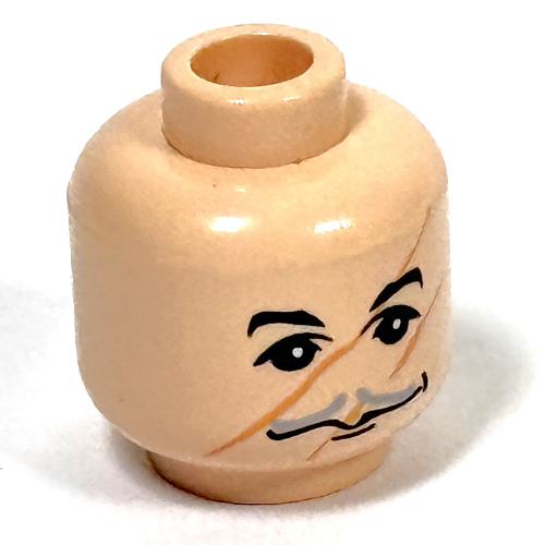 Minifig Head Remus Lupin, Moustache Thin Gray, Wide Smirk, Scratches/Scars on Face Print Light Nougat
