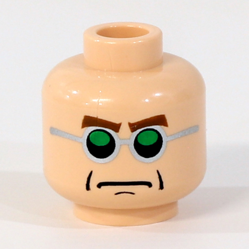 Minifig Head Dr Octopus (Doc Ock), Green and Silver Glasses, Brown Arched Eyebrows, Frown Print Light Nougat