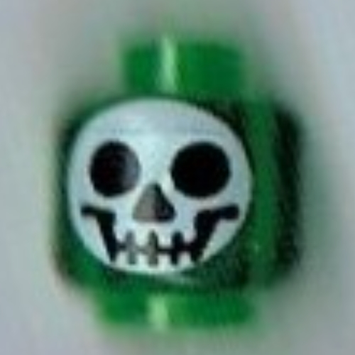 Minifig Head, White Skull Print (Witch's Bottle) [Blocked Open Stud] Trans-Green