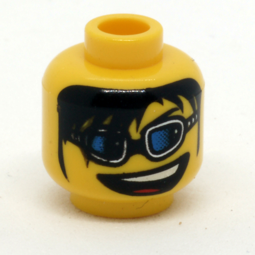 Minifig Head, Blue Glasses, Long Black Bangs and Open Mouth Print [Blocked Open Stud] Yellow