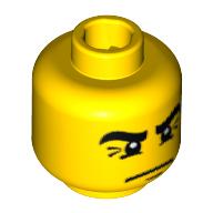 Minifig Head Ninja, Thick Eyebrows with Crow's Feet Wrinkles and White Pupils Print [Blocked Open Stud] Gelb