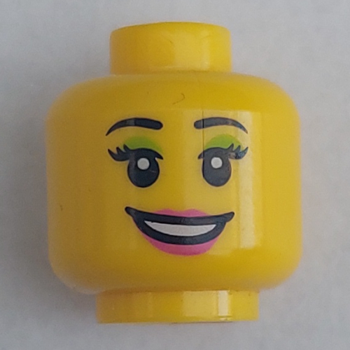 Minifig Head, Peach Lips, Open Mouth Smile, Black Eyebrows, Light Green Mascara Print Yellow