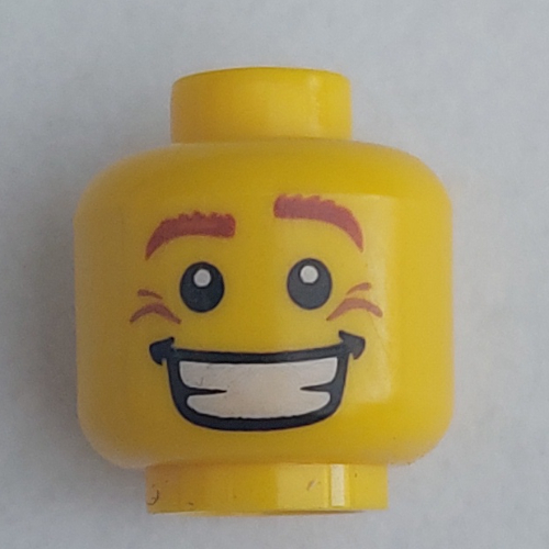 Minifig Head, Brown Eyebrows, White Pupils, Smile Wrinkles and Wide Open Smile Print Yellow
