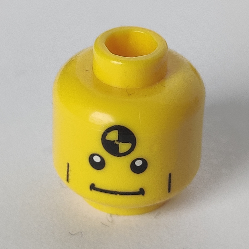 Minifig Head Demolition Dummy, Vertical Cheek Lines, Straight Mouth and White Pupils Print Gelb