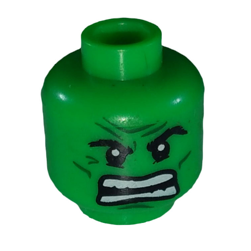 Minifig Head Hulk, Dark Green Lines, Raging / Scowl Print Bright Green