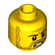 Minifig Head Roman Commander, Beard Stubble, Brown Eyebrows and Bared Teeth Print [Blocked Open Stud] Gelb