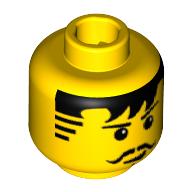 Minifig Head Johnny Thunder / Knight, Moustache Black Bangs and Sideburns, Cleft Chin Print Gelb