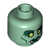Minifig Head Medusa, Dual Sided, Fangs, Green Lips, Cheek Lines, Yellow Eyes / Open Mouth with Red Eyes Print [Blocked Open Stud] Sand Green