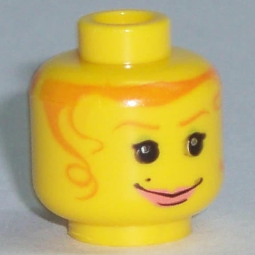 Minifig Head Mary Jane, Dual Sided, Orange Hair, Scared / Smiling Print [Blocked Open Stud] Yellow