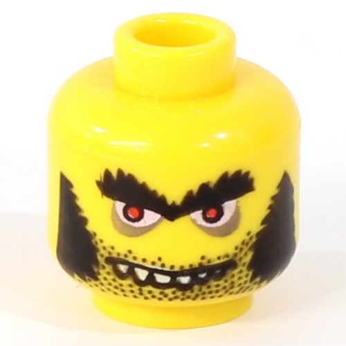 Minifig Head Mad Scientist, Sideburns and Evil Smirk / Glasses and Large Grin with Teeth Print Gelb