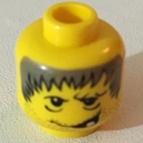 Minifig Head Hunchback, Gray Spiky Hair, Stubble, One Tooth Smirk Print [Blocked Open Stud] Yellow